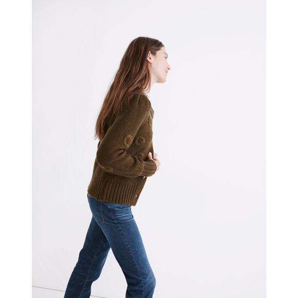 Madewell Embroidered Edencroft Pleat-Sleeve Cardigan Sweater Heather Spinach XS - Picture 2 of 9